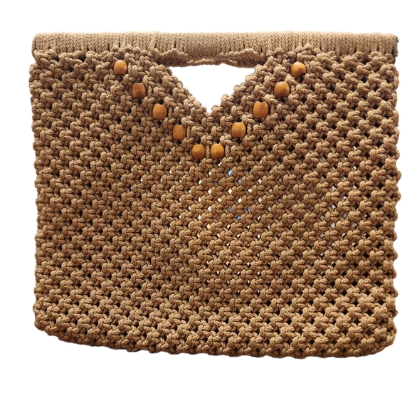 Macrame Hinged Handbag Purse Beaded Clutch Vintage 1970s Handmade Brown - Picture 1 of 10